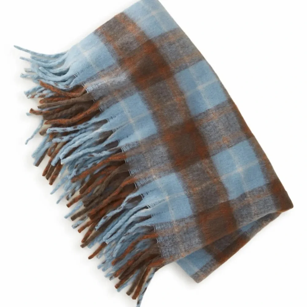 Nordstrom Brushed Fireside Throw Super Cozy Brown Blue Plush Fringed Blanket::